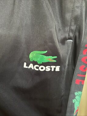 Lacoste Black Track Pants with Green Crocodile and Red Side Logo Tape